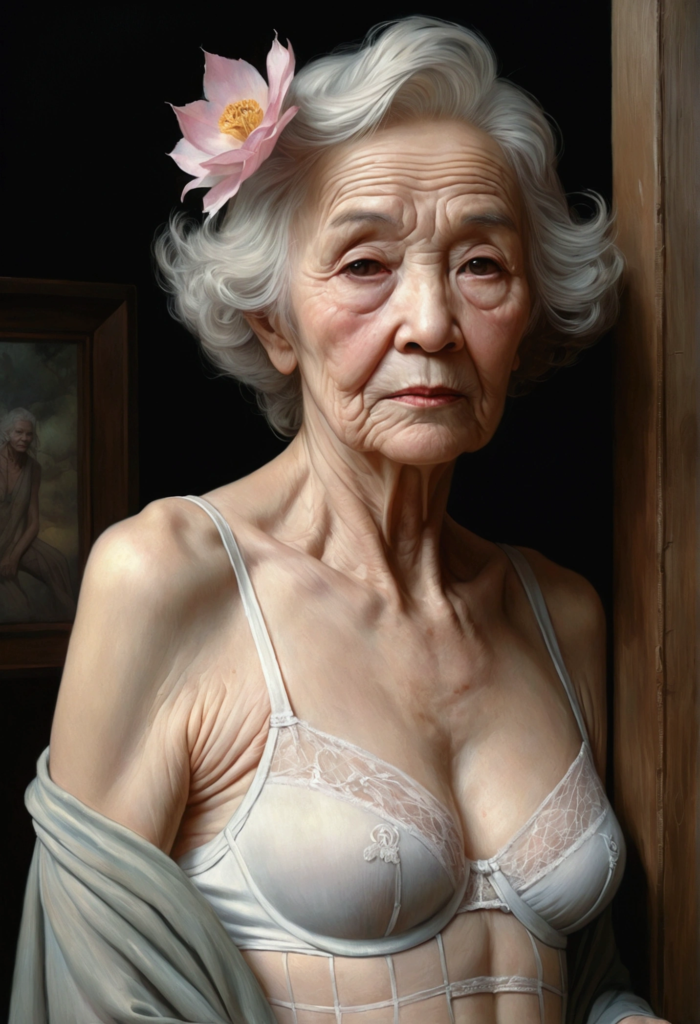 Ross Tran, Brian froud, tom bagshaw of a gentle elderly woman, with soft and intricate shading in her wrinkled face, capturing the weathered beauty of a long and fulfilling life, wearing transparent lingerie, full body