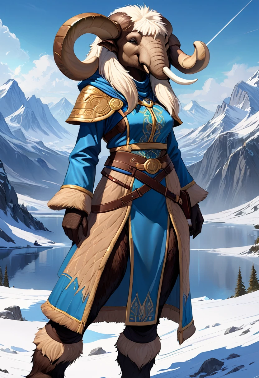 Anthropomorphic female wolly mammoth mage. Official Art – Charecter profile. An Award-Winning Digital Masterpiece In 4K Ultra HD, Extreme Detail And Intricate Realism. Symmetrical Face. This Concept Art Brought To Life By The Hands Of Artists Like Wlop & Artgerm In A Stunning 2D Vector Illustration.Background Is A Panoramic Vista.