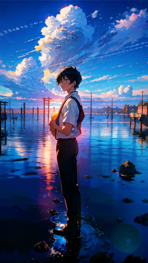 (Mastepiece), (Best Quality), Very detailed, (1 boy:1.5), (Full body solo shot:1.4), Perfect Face, Beautiful Boy, Very detailedな顔，(Black short hair:1.5)，(blue eyes:1.4)，(Short sleeve white shirt:1.4)、(High school boys:1.4)、youth、bird、sunlight、(Station with sea view:1.4)、(train:1.5)、(Summer in Japan、cumulonimbus、blue sky:1.4)、mysterious、Fantasy、beautiful、Beautiful Landscape