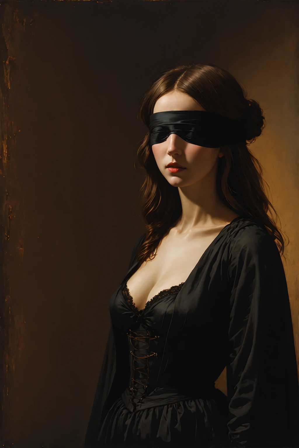 Alluring woman with black blindfold, gothic art, soft lighting, (masterpiece, best quality:1.2), dark, oil painting, in style of Nicola Samori