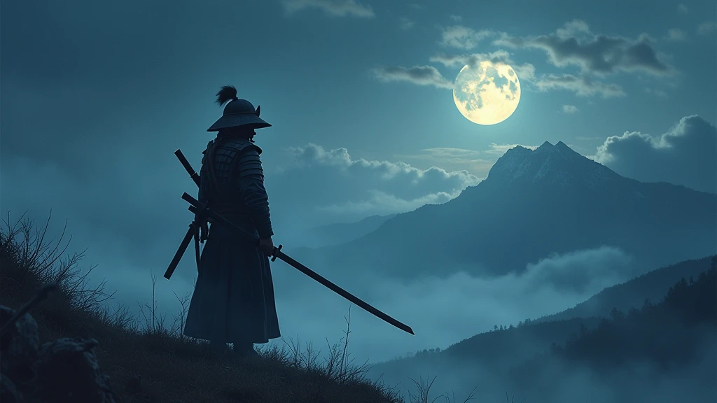 the samurai holds a katana, Starry skies and mist envelop the landscape.