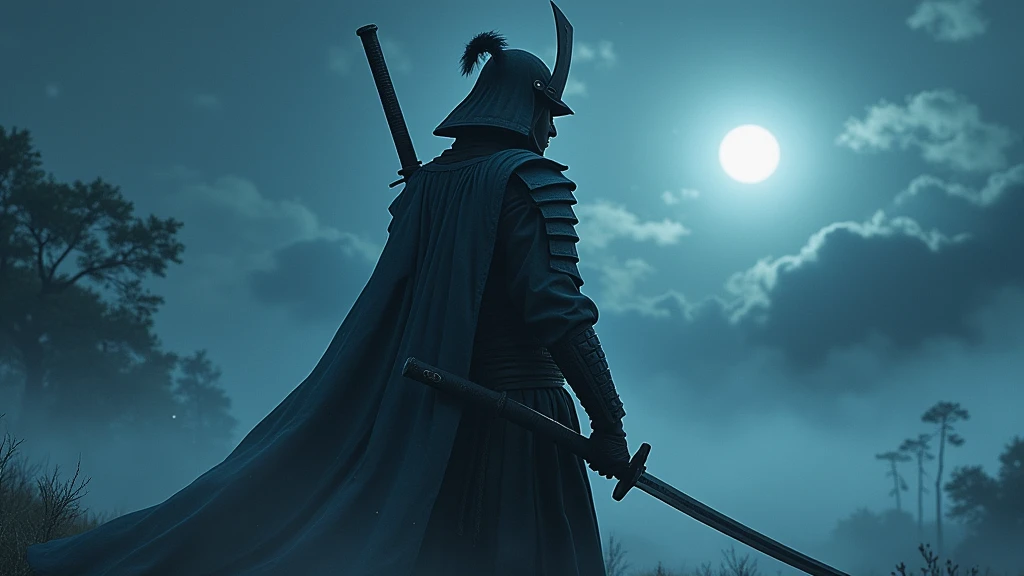 the samurai holds a katana, Starry skies and mist envelop the landscape.