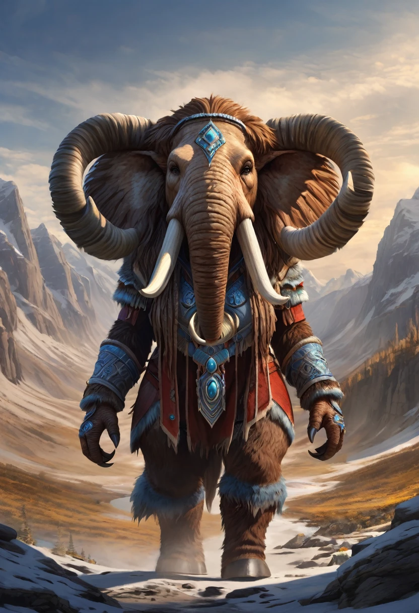 Anthropomorphic female wolly mammoth mage. Official Art – Charecter profile. An Award-Winning Digital Masterpiece In 4K Ultra HD, Extreme Detail And Intricate Realism. Symmetrical Face. This Concept Art Brought To Life By The Hands Of Artists Like Wlop & Artgerm In A Stunning 2D Vector Illustration.Background Is A Panoramic Vista.

