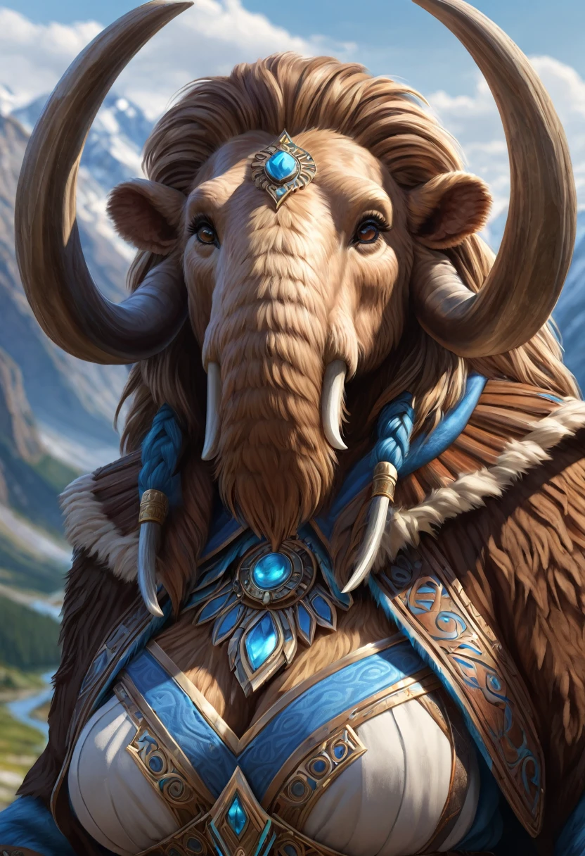 Anthropomorphic female wolly mammoth mage. Official Art – Charecter profile. An Award-Winning Digital Masterpiece In 4K Ultra HD, Extreme Detail And Intricate Realism. Symmetrical Face. This Concept Art Brought To Life By The Hands Of Artists Like Wlop & Artgerm In A Stunning 2D Vector Illustration.Background Is A Panoramic Vista.