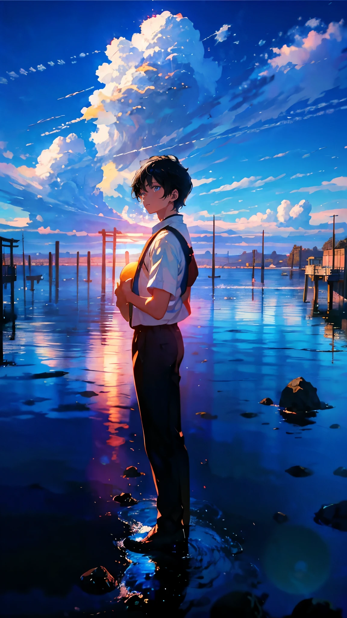 (Mastepiece), (Best Quality), Very detailed, (1 boy:1.5), (Full body solo shot:1.4), Perfect Face, Beautiful Boy, Very detailedな顔,(Black short hair:1.5),(blue eyes:1.4),(Short sleeve white shirt:1.4)、(High school boys:1.uth、bird、sunlight、(Station with sea view:1.4)、(train:1.5)、(Summer in Japan、cumulonimbus、blue sky:1.4)、mysterious、Fantasy、beautiful、Beautiful Landscape