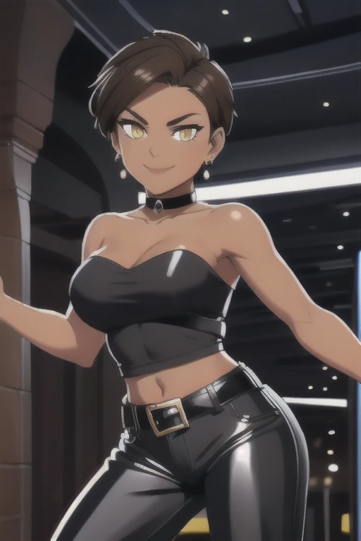 ((best quality)),((highly detailed)),masterpiece,absurdres,detailed face,beautiful face,(detailed eyes, deep eyes),(1girl),((dynamic pose)), 1girl, solo, 26 years old, tomboy, (shiny skin), (midriff:1.2), (tan-bronze skin), (Yellow eyes), short brown hair, medium breasts, (Cleavage), (Wearing: blue jacket, choker, Strapless black top, Belt, Black shiny leather pants), tight fitting clothing, piercings, toned, hourglass figure, athletic, snarky expression, wide smile, (agile physique:1.1), (Character Focus),Perfect Anatomy, Looking at Viewer, indoors, at a rave, nightclub background,
