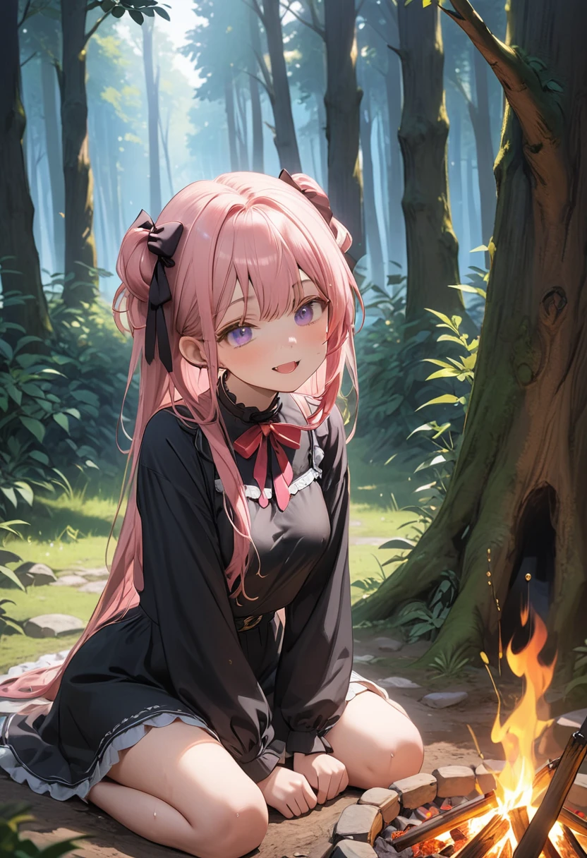 elf girls, blushing, mouths open in arousal, incontinence、peeing pee stains, wet panties, ensemble in the forest, campfire.