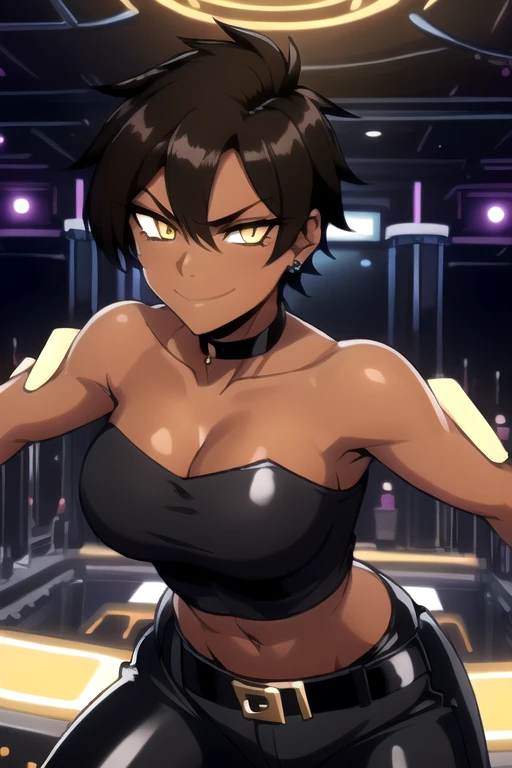 ((best quality)),((highly detailed)),masterpiece,absurdres,detailed face,beautiful face,(detailed eyes, deep eyes),(1girl),((dynamic pose)), 1girl, solo, 26 years old, tomboy, (shiny skin), (midriff:1.2), (tan-bronze skin), (Yellow eyes), short brown hair, medium breasts, (Cleavage), (Wearing: blue jacket, choker, Strapless black top, Belt, Black shiny leather pants), tight fitting clothing, piercings, toned, hourglass figure, athletic, snarky expression, wide smile, (agile physique:1.1), (Character Focus),Perfect Anatomy, Looking at Viewer, indoors, at a rave, nightclub background,