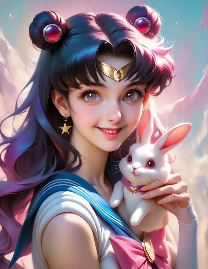 a beautiful young girl, 1girl, sailor moon cosplay, detailed facial features, beautiful detailed eyes, beautiful detailed lips, extremely detailed face and hair, long flowing hair, sailor moon uniform, holding a cute white rabbit, detailed background, detailed environment, (best quality,4k,8k,highres,masterpiece:1.2),ultra-detailed,(realistic,photorealistic,photo-realistic:1.37),digital painting,soft lighting,warm colors,vibrant colors,fantasy,magical girl,whimsical,cute,adorable, Cute smile ☺ 