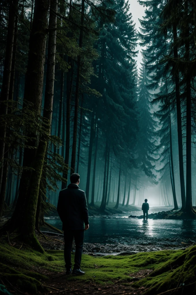 Man between the sea and the forest that expresses darkness and mystery