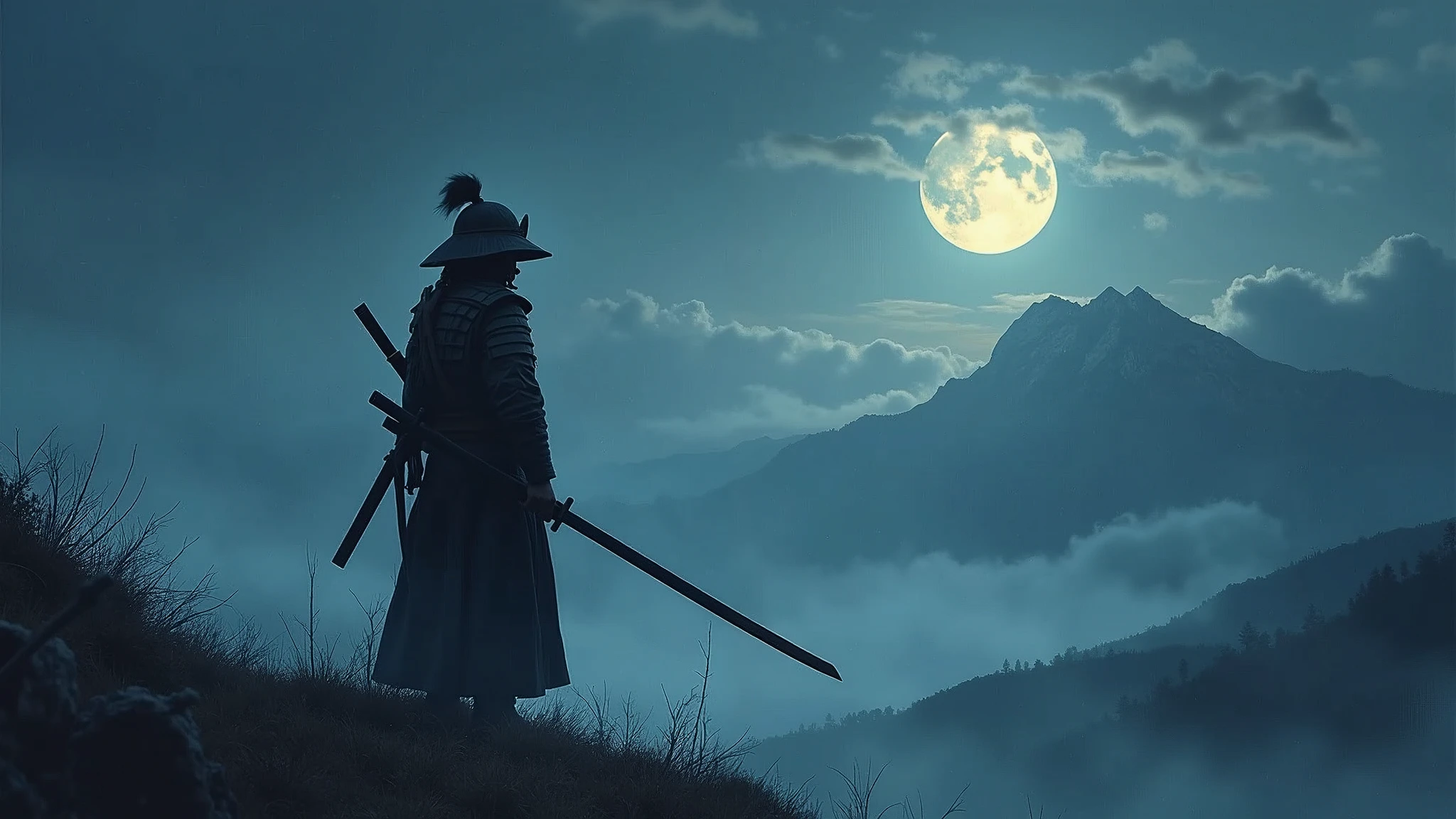 the samurai holds a katana, Starry skies and mist envelop the landscape.