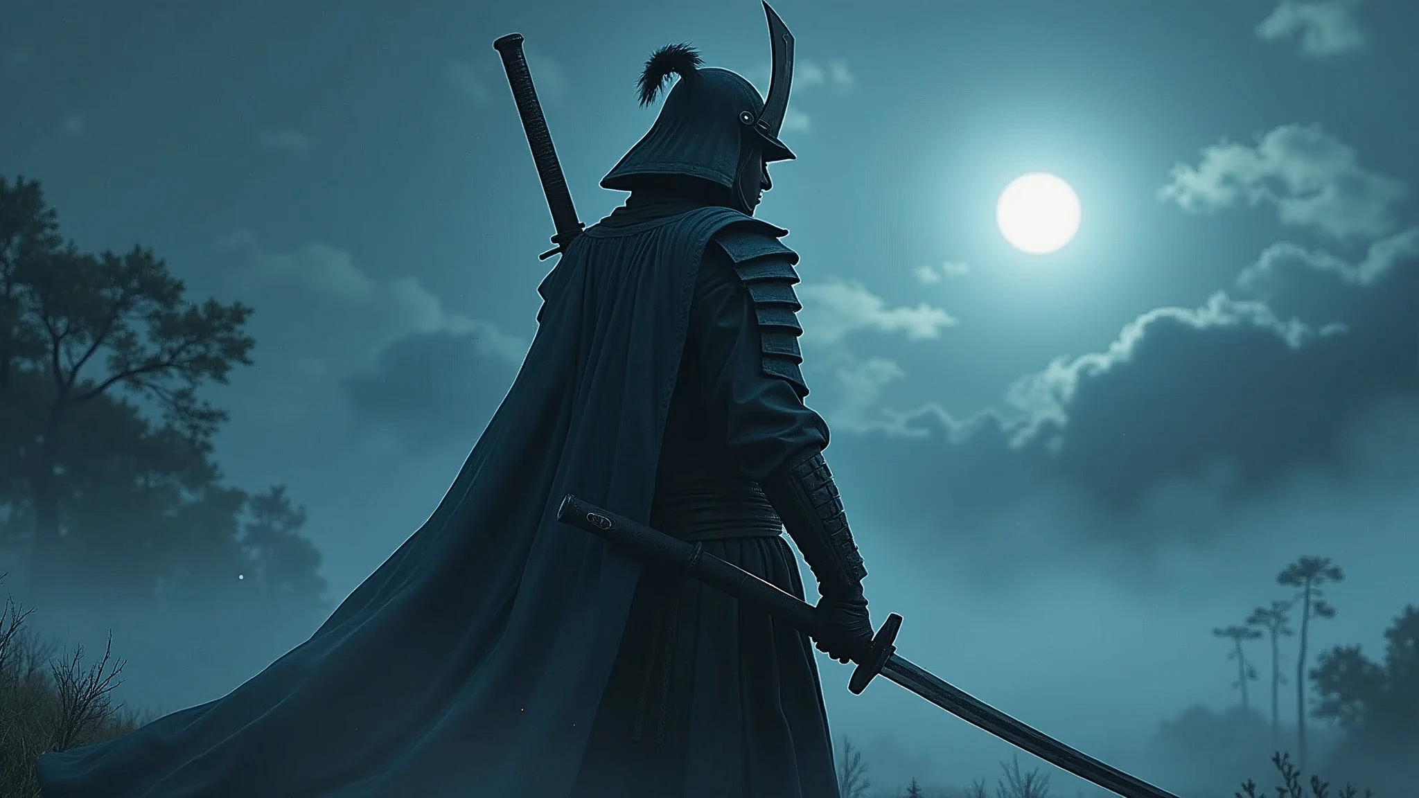 the samurai holds a katana, Starry skies and mist envelop the landscape.