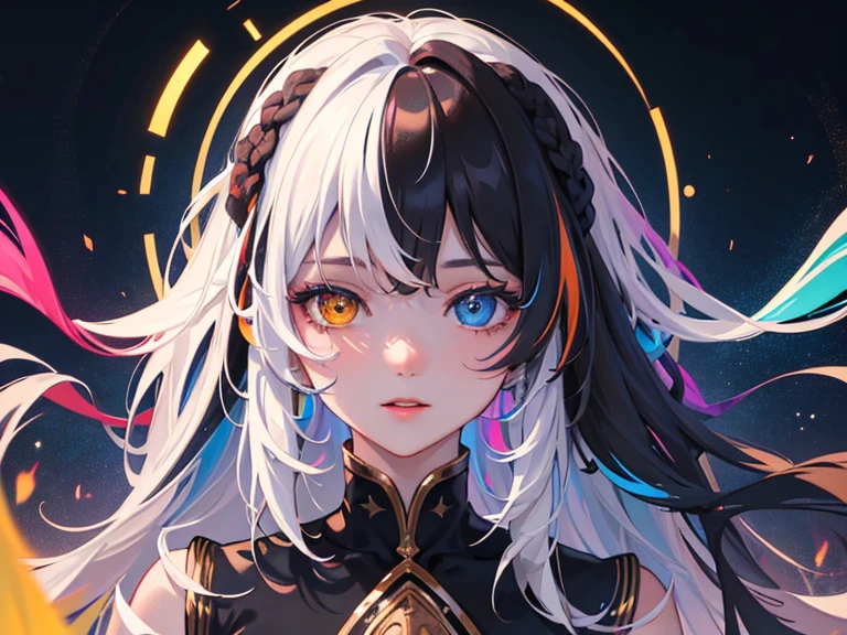 {{masterpiece}}, Highest quality, Highly detailed CG Unity 8k wallpaper, Cinema Lighting, Lens flare, Beautiful details in the eyes, black, Sideways glance, Multicolored Hair, colorful light, particle, Heterochromia iridis, (colorful:1.5), (colorful hair:1.5),