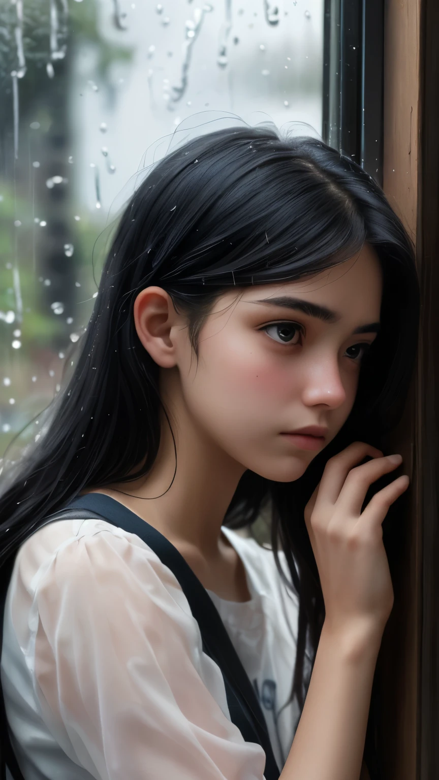 ((best quality)), ((masterpiece)), (detailed), A close-up of a teenage girl with long black hair looking out a rainy window with a somber expression