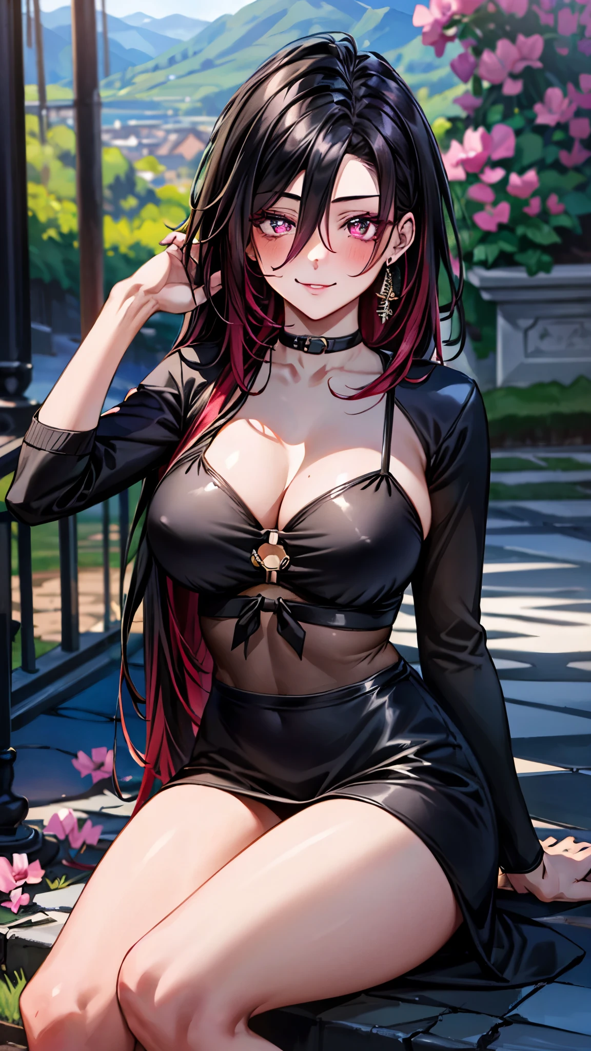 (masterpiece:1.3, top-quality, ultra high res, ultra detailed), (realistic, photorealistic:1.4), beautiful illustration, perfect lighting, natural lighting, colorful, depth of fields, ,
beautiful detailed hair, beautiful detailed face, beautiful detailed eyes, beautiful clavicle, beautiful body, beautiful chest, beautiful thigh, beautiful legs, beautiful fingers,
looking at viewer, 1 girl, japanese, high school girl, (perfect anatomy, anatomically correct), cute and symmetrical face, babyface, perfect face, perfect eyes, shiny skin, slender,
(long hair:1.7, hair:0.8, Cyclamen color wicker hair), antenna hair, hair between eyes, emerald red eyes, long eye lasher, (large breasts:0.8, seductive thighs),
((long sleeve light purple knit dress, black tube top)),
(beautiful scenery), summer, evening, (school), (lovely smile, upper eyes),