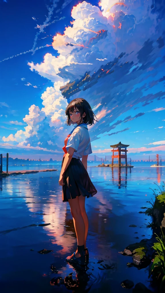 (Mastepiece), (Best Quality), Very detailed, (1 girl:1.5), (Full body solo shot:1.4), Perfect Face, beautiful girl, Very detailedな顔,(Black medium hair:1.5),(blue eyes:1.4),(Short sleeve white shirt:1.4)、(High school girls:1.4)、youth、bird、sunlight、(Station with sea view:1.4)、(train:1.5)、(Summer in Japan、cumulonimbus、blue sky:1.4)、mysterious、Fantasy、beautiful、Beautiful Landscape