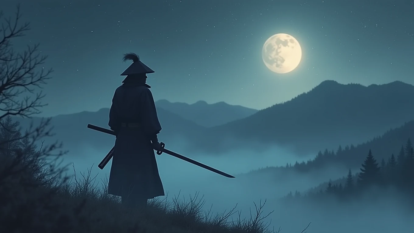 the samurai holds a katana, Starry skies and mist envelop the landscape.