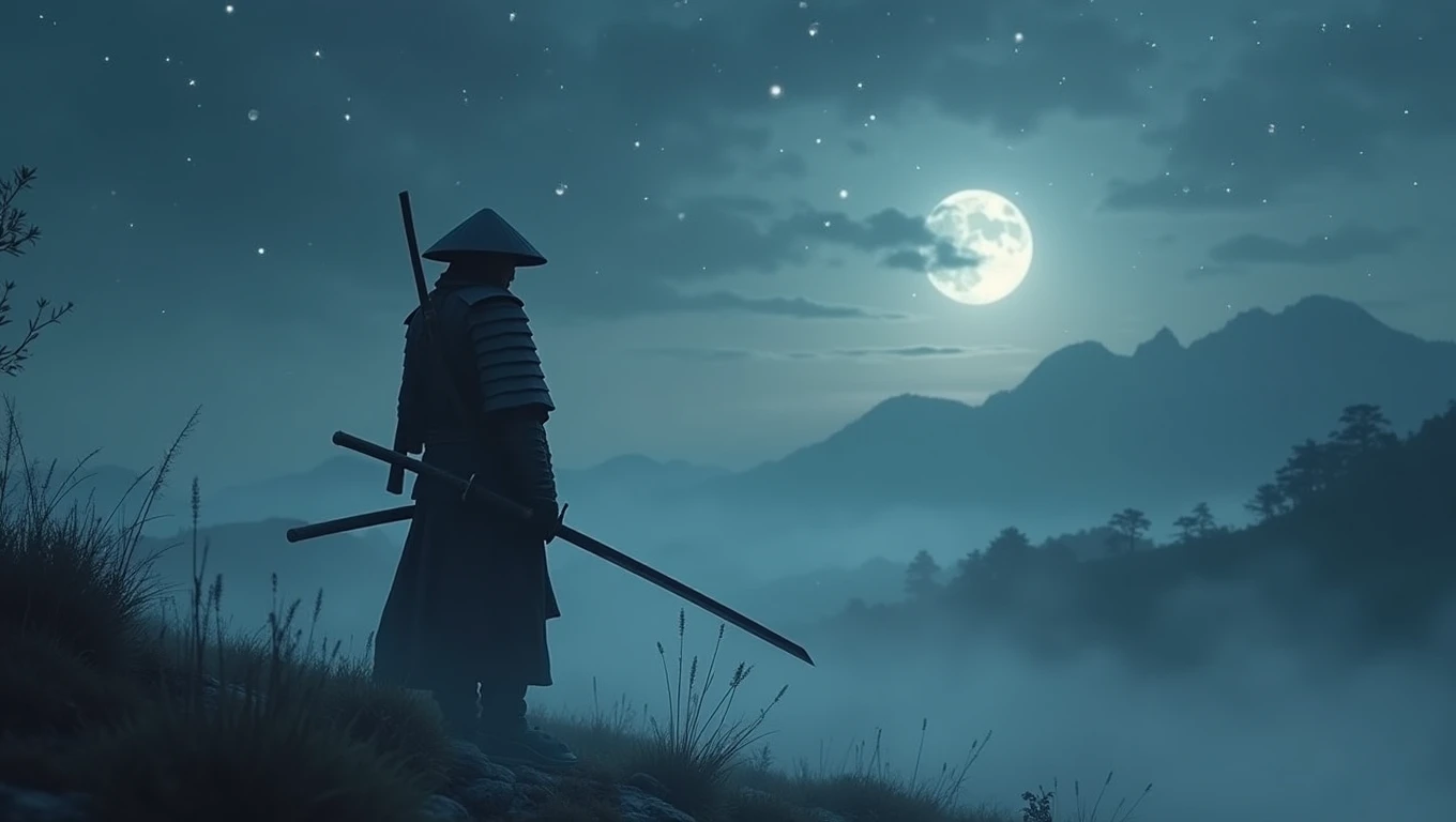 the samurai holds a katana, Starry skies and mist envelop the landscape.