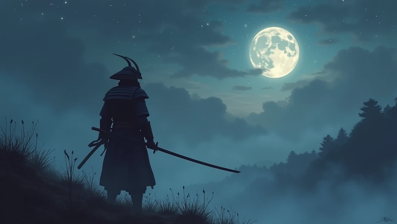 the samurai holds a katana, Starry skies and mist envelop the landscape.