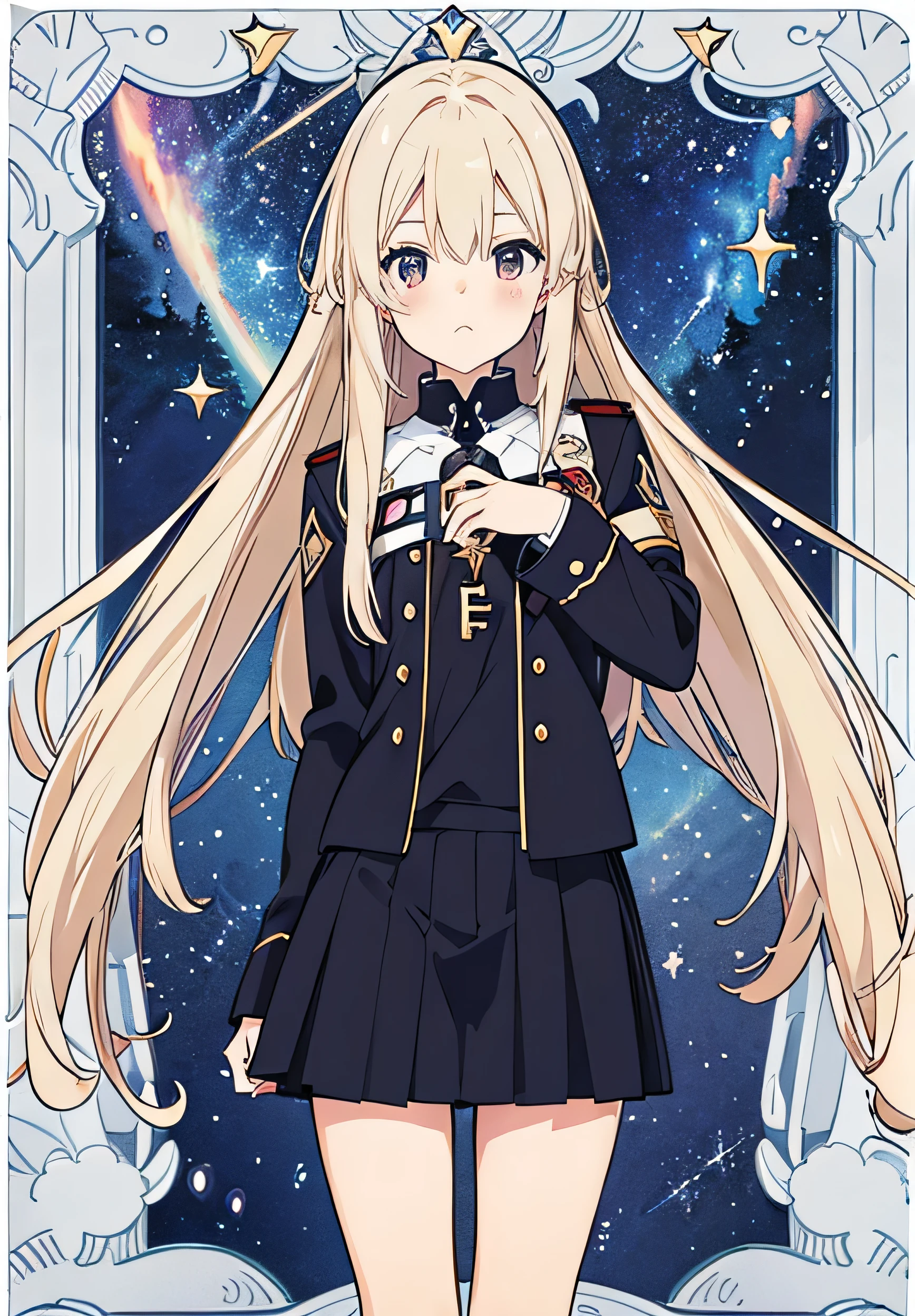 monochrome tone, An anime girl with long hair standing in front of the sky, magical suite, short skirt, normal chest, 16-years-old girl, extreme hand detail, Promotional art, Shining Star, Visual Novel CG, official art, Key Art, shooting star, wallpaper!, official fanart, Promotional artwork, milky way,, Visual Novel Key Visual, masterpiece