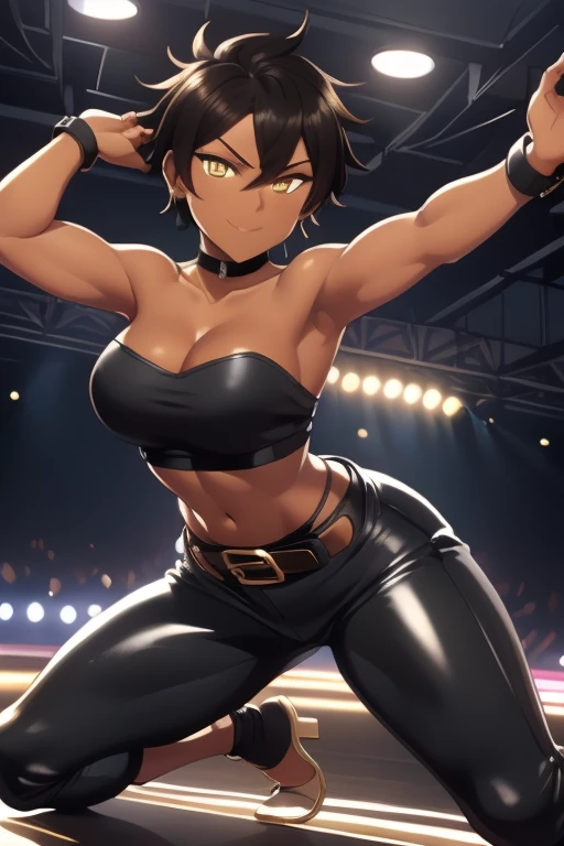 ((best quality)),((highly detailed)),masterpiece,absurdres,detailed face,beautiful face,(detailed eyes, deep eyes),(1girl),((dynamic pose)), 1girl, solo, 26 years old, tomboy, (shiny skin), (midriff:1.2), (tan-bronze skin), (Yellow eyes), short brown hair, medium breasts, (Cleavage), (Wearing: blue jacket, choker, Strapless black top, Belt, Black shiny leather pants), tight fitting clothing, piercings, toned, hourglass figure, athletic, snarky expression, wide smile, (agile physique:1.1), (Character Focus),Perfect Anatomy, Looking at Viewer, indoors, at a rave, nightclub background,
