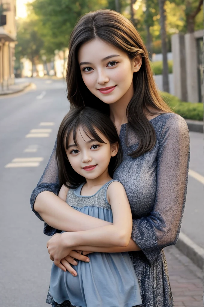 (Supermodel,Perfect face,Ultra-realistic:1.2),Photorealistic,Very detailed,Awareness-raising,Detailed Background,A light smile,Cheerfulness,8k,Highest quality,masterpiece,Highest quality,(Perfect face),(High detail),Dynamic Pose,Oily skin,Pale skin,View your viewers,Tall pregnant mother holds short daughter in her arms,The two took a group photo,The mother is 24 years old,My daughter is