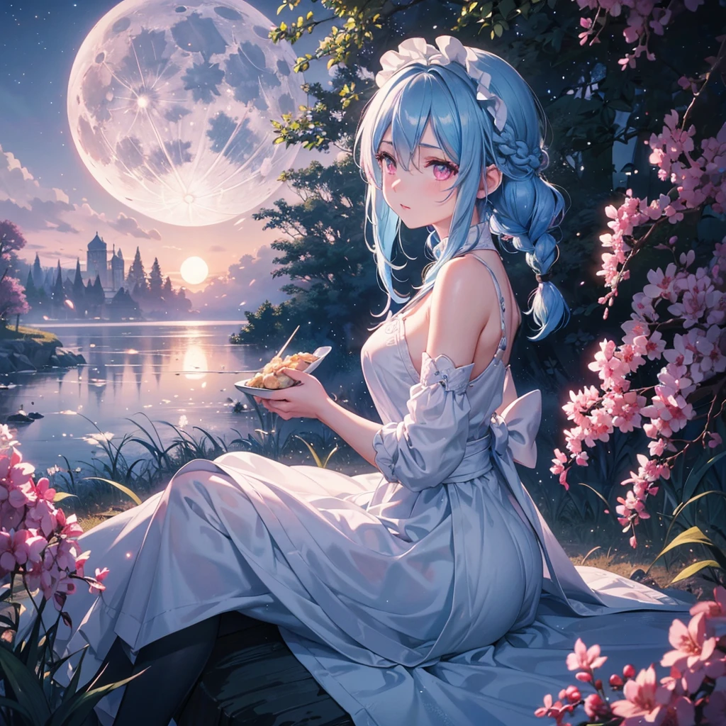 Sky blue hair, (1 braided hair), (Pink eyes),Fair skin)  ,(whole body),(One Girl),(White sweet dumpling),Miscanthus sinensis,(beautiful, Full moon shining in the night sky),(masterpiece, Highest quality, Very detailed, Best Shadow), (Detailed Background), (Beautifully detailed face), High Contrast, (Best lighting, Very delicate and beautiful), ((Cinematic Light)), Hyper Detail,8k, Dramatic Light, Intricate details,Sit down and eat dumplings,