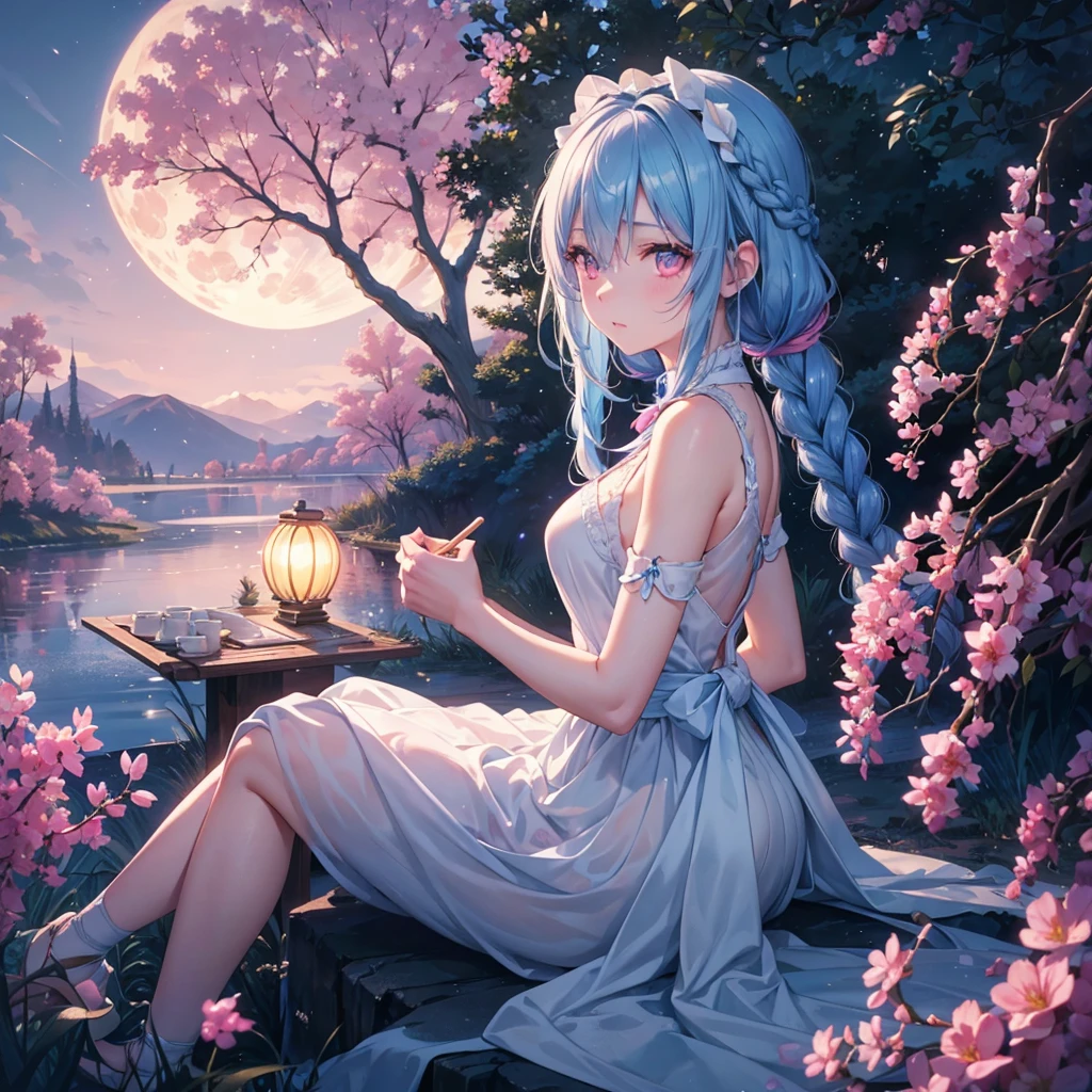 Sky blue hair, (1 braided hair), (Pink eyes),Fair skin)  ,(whole body),(One Girl),(White sweet dumpling),Miscanthus sinensis,(beautiful, Full moon shining in the night sky),(masterpiece, Highest quality, Very detailed, Best Shadow), (Detailed Background), (Beautifully detailed face), High Contrast, (Best lighting, Very delicate and beautiful), ((Cinematic Light)), Hyper Detail,8k, Dramatic Light, Intricate details,Sit down and eat dumplings,