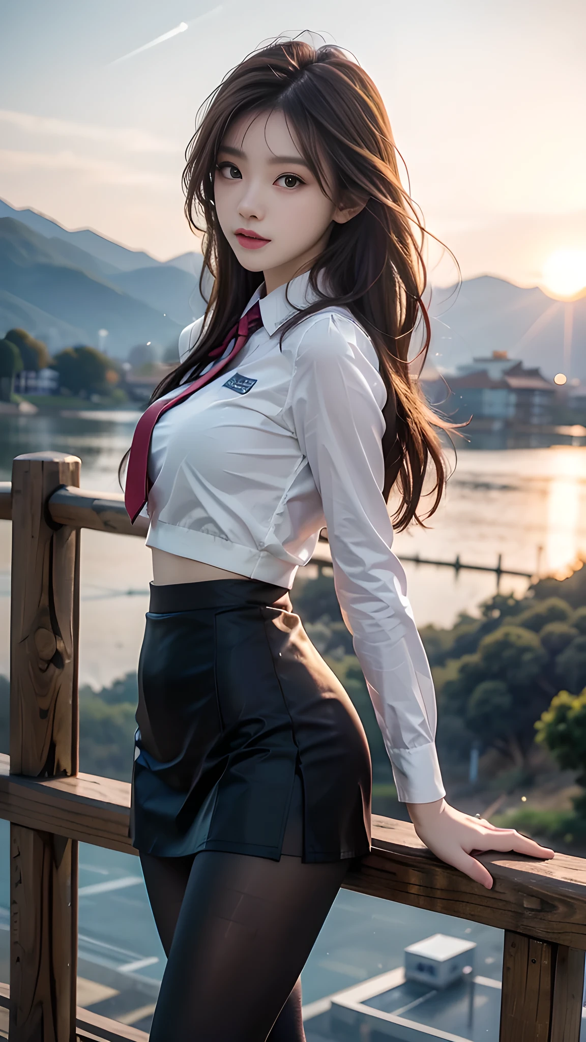 ulzzang-6500-v1.1, (RAW photo: 1.2), (Real photo), (Real photo: 1.4), 1 girl、Perfect anatomy、19 years old、Looking at the camera、Medium length hair、Uniform skirt, watching the sunset, ((in the mountains: 1.1))、(Hyperrealistic tights: 1.2), (Business service)、Asian eyes Ella,