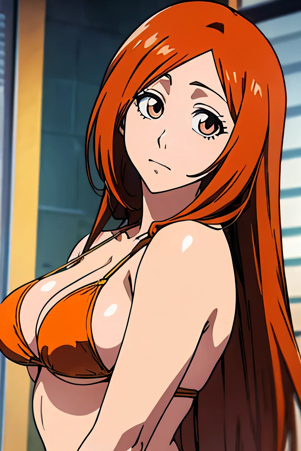 1 woman, orihime inoue, long light brown hair, big breasts, orange eyes, ((detailed eyes:1.2)), wearing micro bikini, sexy, sensual, sideboob, masterpiece, top quality, best quality, official art, beautiful and aesthetic:1.2), extreme detailed, colorful, highest detailed
