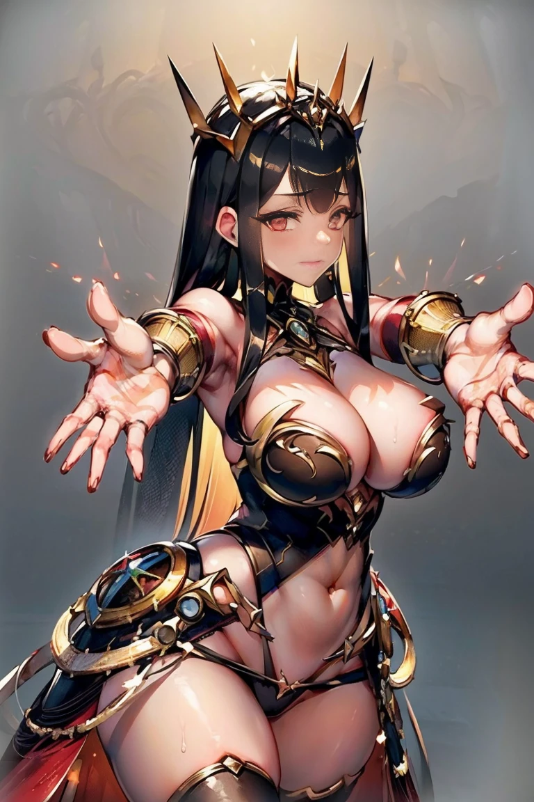 ((((((outstretched hands, out stretched fingers, outstretched arms)))))) black hair, bare shoulder, red eyes, very long hair, cleavage, large breasts, dress, showgirl skirt, high-leg, cleavage cutout, tiara, bare thighs, gauntlets, bare shoulder, spread fingers, bare fingers, bare hands, good hands, best hands, Correctly aligned fingers, extremely detailed hands and fingers, ultra detailed hands and fingers, super detailed hands and fingers, perfect hands and fingers, biologically accurate hands and fingers, (((4 fingers and 1 thumb accurate hands and fingers))), beautiful hands and fingers, hands and fingers drawing, human hand and fingers, perfect arrangement of fingers, detail focus hands, detail focus fingers, perfection hands, better hands, adult face, fearless face, (((both arms, two arms, both hands, two hands))), super fine illustration, masterpiece, masterwork, by famous artist, official art, ultra high res, best quality, high quality, Hand, detailed, perfect, perfection , hands, both hands is Thumb and index finger and middle finger and ring finger and little finger, even hands, panties, thighhighs, symmetrical bangs, gleaming skin, oil skin, shiny skin, wet skin, sweat, rouge, exquisite, beautiful, extremely detailed cg unity 8k wall paper, perfect face, ultra detailed beautiful face, perfect nose, perfect mouth, clear eyes, light eyes, perfect eyes, symmetrical eyes, even eyes, 16k portrait, absurdres, perfect body, perfect anatomy, perfect proportion, perfect arms, perfect torso, symmetrical hands, symmetrical arms, open arms for viewer, extremely detailed cg, beautiful artwork, production art, ultra quality, high quality, finely detailed, insanely detailed, absolutely resolution, raw photo, fantastic, amazing, beautiful portrait of cute anime girls, hdr, very aesthetic, cinematic, super detailed skin, top quality, intricate, professional quality, highly detailed, crisp quality, sharp focus, rich contrast, extremely high resolution, realistic hands,