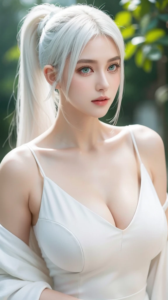 girl, huge breast, white clothes, white hair, ponytail hair, green eyes, jewels