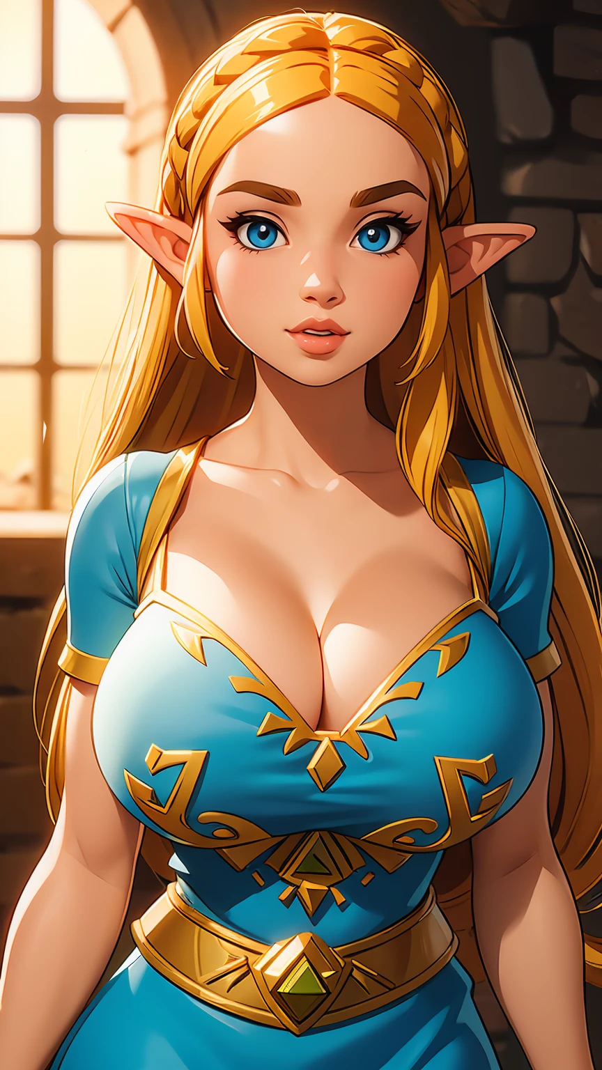 ((masterpiece)), ((best quality)), (detailed), perfect, solo, zelda, gorgeous woman, luscious lips, long hair, huge breast, deep cleavage, huge breasts, sexy,