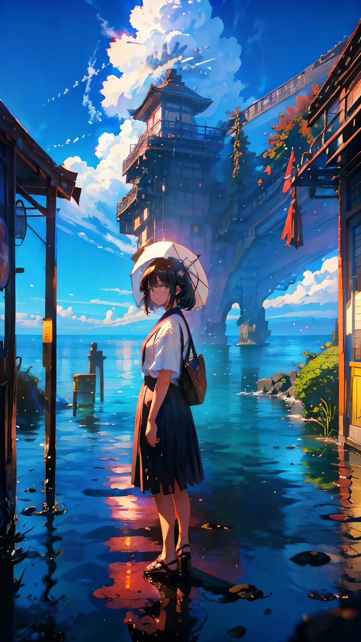 (Mastepiece), (Best Quality), Very detailed, (1 girl:1.5), (Full body solo shot:1.4), Perfect Face, beautiful girl, Very detailedな顔，(Black medium hair:1.5)，(blue eyes:1.hort sleeve white shirt:1.4)、(High school girls:1.4)、yoird、sunlight、(Bus stop with ocean view:1.4)、(train:1.5)、(Summerapan、cumulonimbus、blsky:1.4)、mysterious、Fantasy、beautiful、Beautiful Landscape