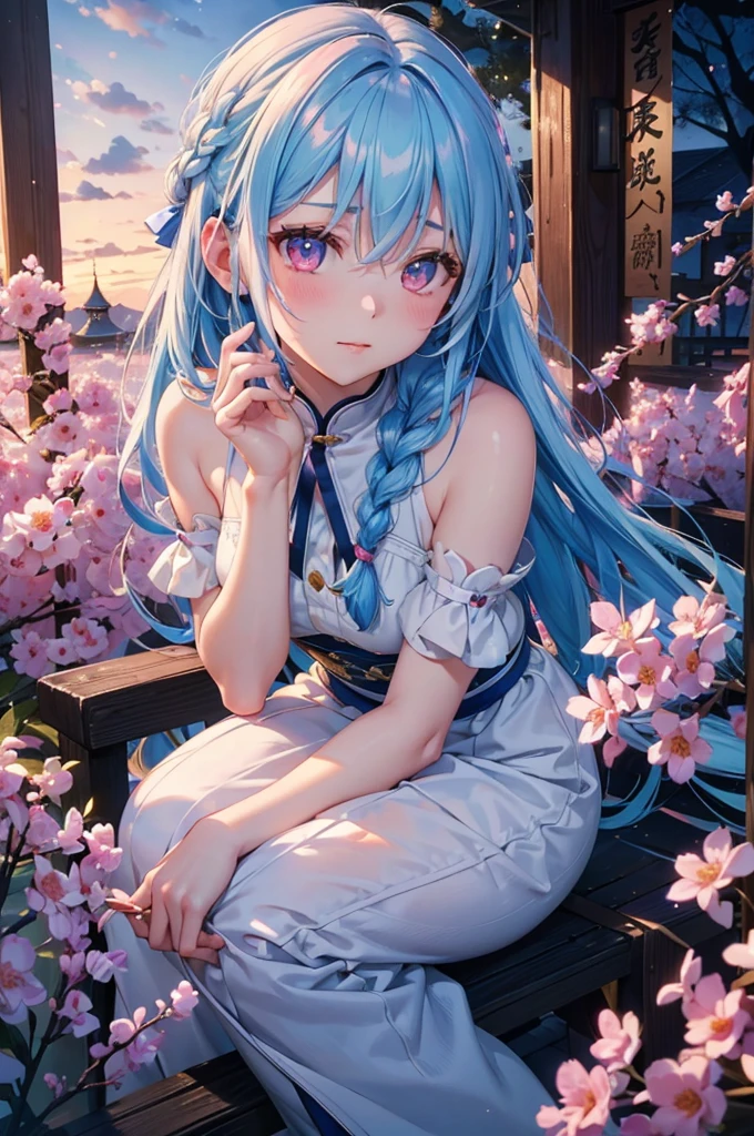 Sky blue hair, (1 braided hair), (Pink eyes),Fair skin)  ,(whole body),(One Girl),(White sweet dumpling),Miscanthus sinensis,(night),(beautiful, night空に輝く満月),(masterpiece, Highest quality, Very detailed, Best Shadow), (Detailed Background), (Beautifully detailed face), High Contrast, (Best lighting, Very delicate and beautiful), ((Cinematic Light)), Hyper Detail,8k, Dramatic Light, Intricate details,Sit down and eat dumplings,