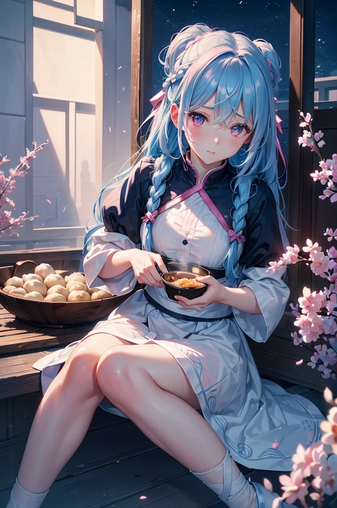 Sky blue hair, (1 braided hair), (Pink eyes),Fair skin) ,(whole body),(One Girl),(White sweet dumpling),Miscanthus sinensis,(night),(beautiful, night空に輝く満月),(masterpiece, Highest quality, Very detailed, Best Shadow), (Detailed Background), (Beautifully detailed face), High Contrast, (Best lighting, Very delicate and beautiful), ((Cinematic Light)), Hyper Detail,8k, Dramatic Light, Intricate details,Sit down and eat dumplings,