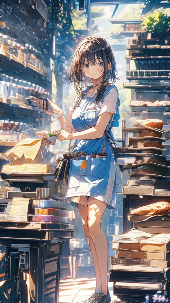 young woman,Facing forward,smile,((Standing inside the cash register)),Touching the cash register machine,Customer Service,((There is a cash register on the table)),(Scanning product barcodes at the cash register)),Supermarket clerk,Wearing an apron,uniform,((Working as a cashier)),((Cashier)),((cashier,register,)),((Receive money from customers)),There are products on the shelves,In the supermarket,Bright interior