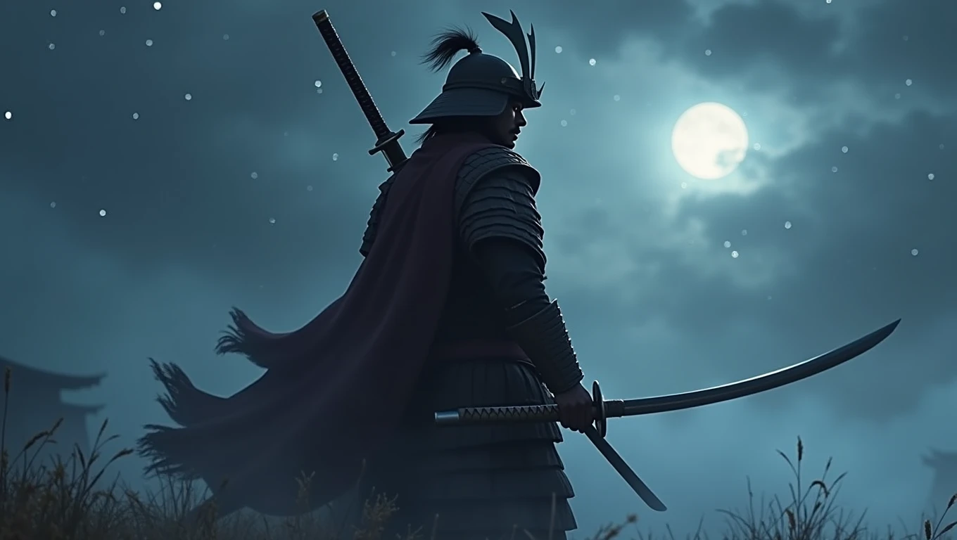 the samurai holds a katana, Starry skies and mist envelop the landscape.