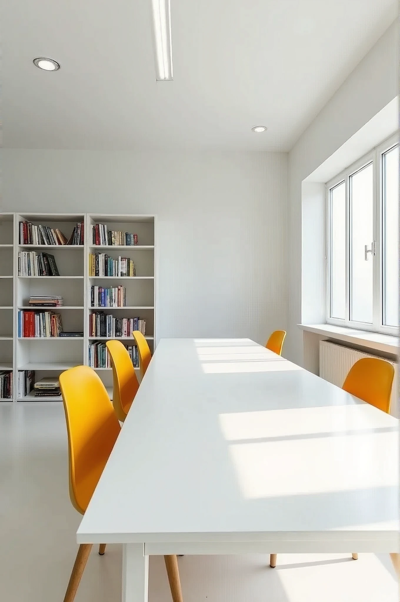 Education Centre, Studio, white room with bookshelves, long white table and bright chairs
