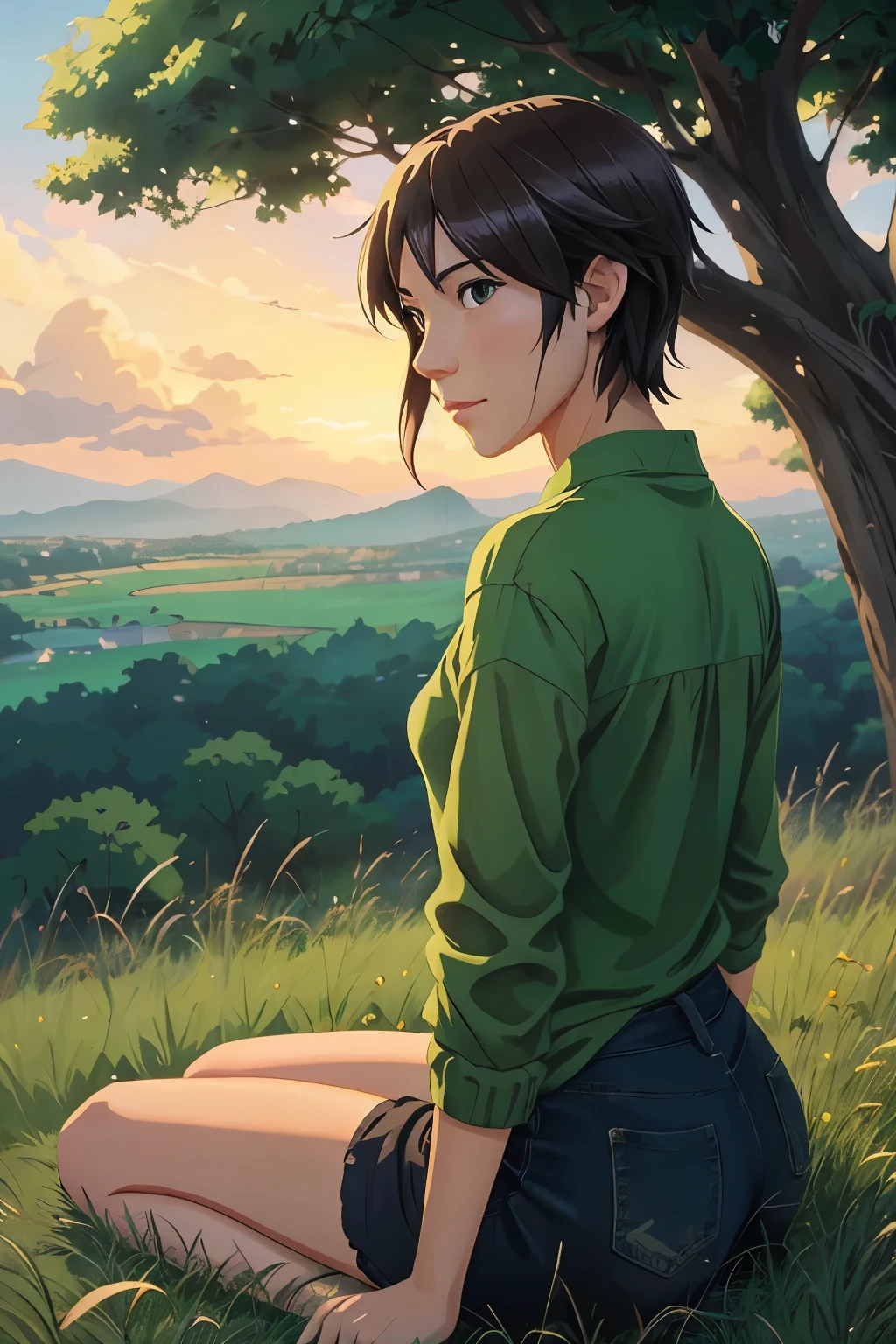 a woman sitting on a grass covered hill painting a picture, studio glibly makoto shinkai, makoto shinkai cyril rolando, ( ( makoto shinkai ) ), makoto shinkai!, makoto shinkai!!, mokoto shinkai, style of makoto shinkai, makoto shinkai. —h 2160