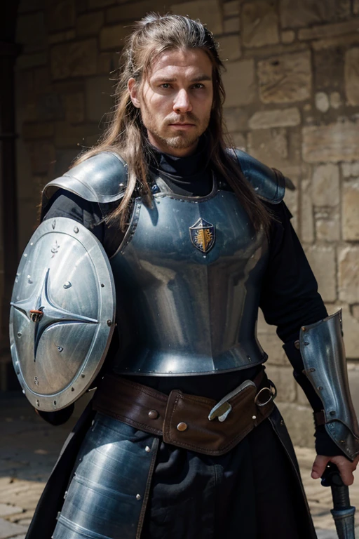 1 man, serious, high definition image, with plate armor, steel mace and round steel shield, mace in right hand and shield mallet in left, long hair with ponytail, shaved on the brown sides, blue eyes, portrait mode, with a background similar to a northern clergy church.