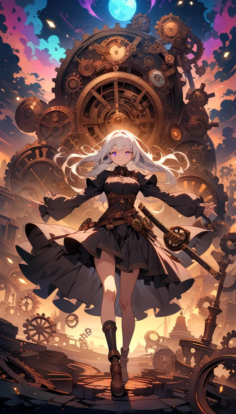 ((best quality)) , ((masterpiece)) , (detailed),anime style illustration of an anime girl with long white hair and purple eyes wearing black school uniform skirt holding katana, in the background there is moonlight sky with neon clouds, colorful light effects, full body shot, epic pose, digital art style,((steampunk style . antique, mechanical, brass and copper tones, gears, intricate, detailed))