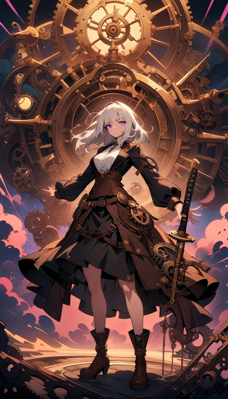 ((best quality)) , ((masterpiece)) , (detailed),anime style illustration of an anime girl with long white hair and purple eyes wearing black school uniform skirt holding katana, in the background there is moonlight sky with neon clouds, colorful light effects, full body shot, epic pose, digital art style,((steampunk style  . antique, mechanical, brass and copper tones, gears, intricate, detailed))
