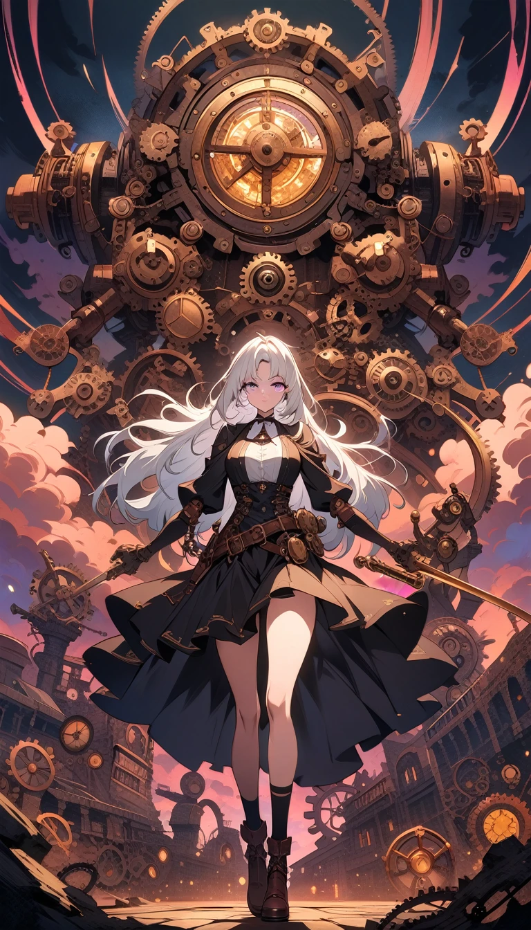 ((best quality)) , ((masterpiece)) , (detailed),anime style illustration of an anime girl with long white hair and purple eyes wearing black school uniform skirt holding katana, in the background there is moonlight sky with neon clouds, colorful light effects, full body shot, epic pose, digital art style,((steampunk style . antique, mechanical, brass and copper tones, gears, intricate, detailed))