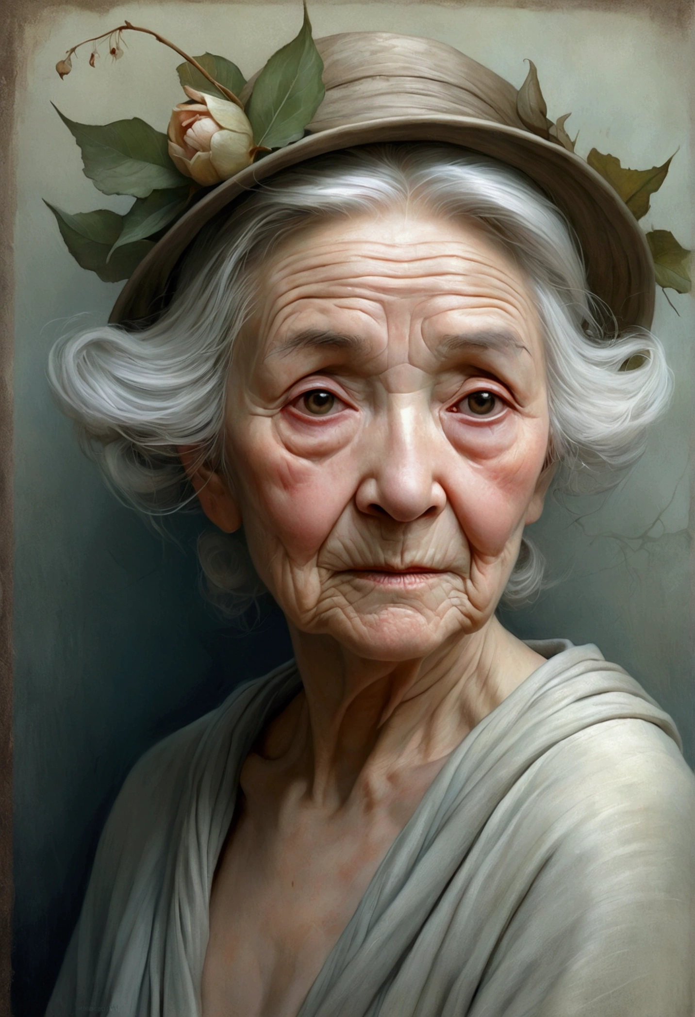 Ross Tran, Brian froud, tom bagshaw of a gentle elderly woman, with soft and intricate shading in her wrinkled face, capturing the weathered beauty of a long and fulfilling life, naked, full body
