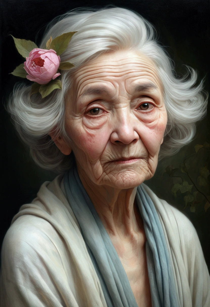 Ross Tran, Brian froud, tom bagshaw of a gentle elderly woman, with soft and intricate shading in her wrinkled face, capturing the weathered beauty of a long and fulfilling life, naked, full body