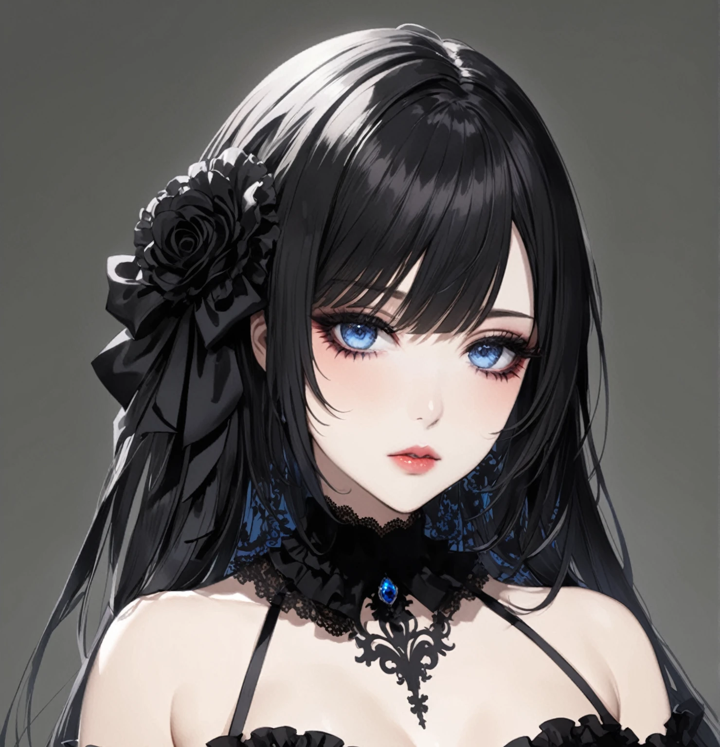 masterpiece, best quality, good quality, Highly detailed, shadowverse style, female, sexy, adult, black hair, lacy frilly armored, modern aesthetic, long straight hair, goth, make up, black eye shadow, lacy frilly armored legging with lacy stocking, blue eyes