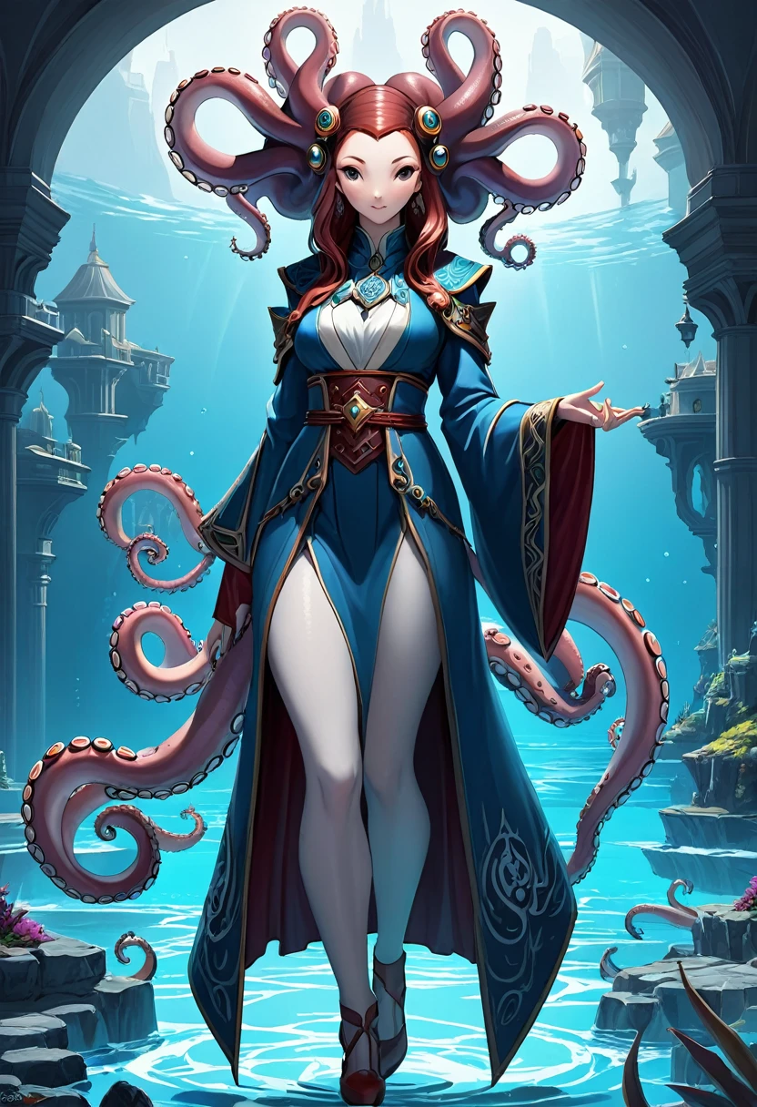 Anthropomorphic female octopus mage. Official Art – Charecter profile. An Award-Winning Digital Masterpiece In 4K Ultra HD, Extreme Detail And Intricate Realism. Symmetrical Face. This Concept Art Brought To Life By The Hands Of Artists Like Wlop & Artgerm In A Stunning 2D Vector Illustration.Background Is A Panoramic Vista.