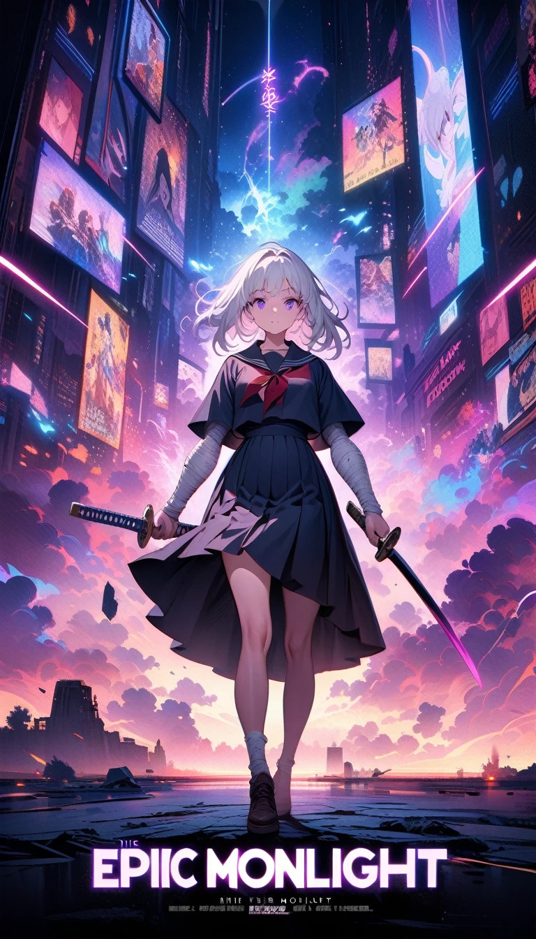 ((best quality)) , ((masterpiece)) , (detailed),anime style illustration of an anime girl with long white hair and purple eyes wearing black school uniform skirt holding katana, in the background there is moonlight sky with neon clouds, colorful light effects, full body shot, epic pose, digital art style,((Movie Posters,Headline,Cast,Release Date))