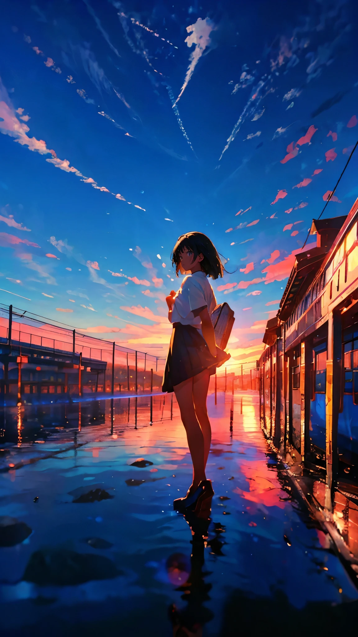 (Mastepiece), (Best Quality), Very detailed, (1 girl:1.5), (Full body solo shot:1.4), Perfect Face, beautiful girl, Very detailedな顔，(Black medium hair:1.5)，(blue eyes:1.hort sleeve white shirt:1.4)、(High school girls:1.4)、yoird、sunlight、Ocean、(Station platform:1.4)、(train:1.5)、(summerlonimbus、blsky:1.4)、mysterious、Fantasy、beautiful、Beautiful Landscape
